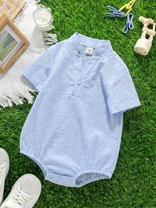 SHEIN Baby Boy Baby Girl Casual Daily Small Stand Collar Button-Up Romper Suitable For Spring And Summer Outings - Blue - View 3
