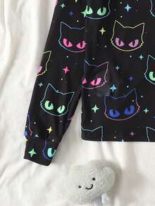 SHEIN Tween Girl Tween Girl Fluorescent Cartoon Cat Pattern Long Sleeve Pants Casual Comfortable Home Sleepwear Set 2pcs Tight Fall/Winter Outfits - Multicolor - View 3