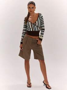 SHEIN BAE Autumn/Winter Fashion New Colorblock Versatile Casual Unisex Vacation Slouchy Cinched Waist Wrap V-Neck Striped Knit Top - Multicolor - View 5
