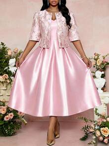 Fleurora Plus Size Women's Elegant Formal Solid Color Pleated Dress With Jacquard Cardigan 2-Piece Set Evening Wedding Guest Bride Pink Floral Light Luxury - Pink - View 3