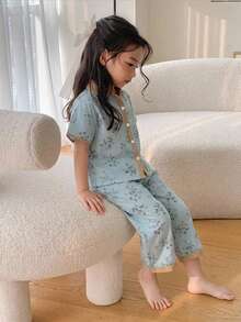 DAZY Young Girl Floral Short Sleeve Single-Breasted Top And Pants Loungewear - Baby Blue - View 4