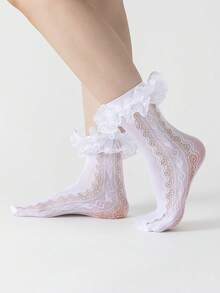 ROMWE Kawaii Calcetines tubo blancos para mujer con ribete de encaje y volantes calados - Blanco A11 - Ver 4