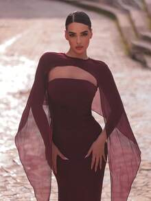 Aureia Elegantes luxuriöses Damen-Abendkleid in Ancara-Rot, elastischer Strick- und Chiffon-Patchwork, handgefaltete Taillendekoration, Meerjungfrau-Schleppe - Kaffeebraun - Übersicht 6