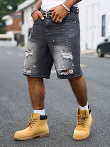 Manfinity EMRG Men's Black Distressed Ripped Paint Splatter Denim Shorts, Street Style Straight Leg Knee-Length - Black - View 4