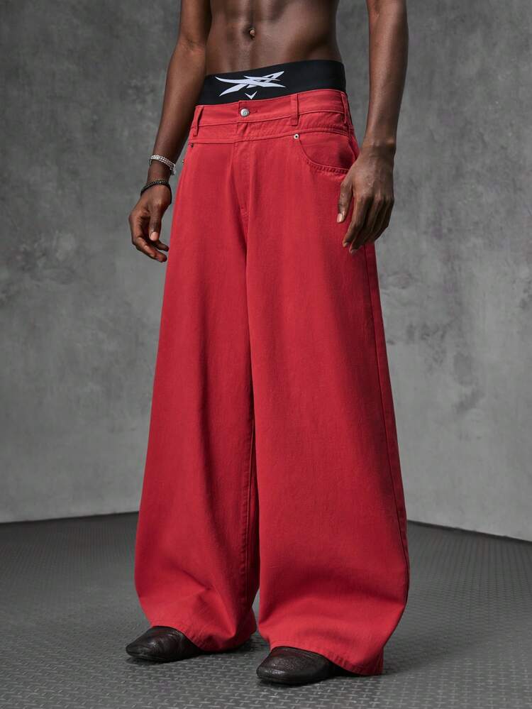 NEON BLANC Celana Jeans Pria Serbaguna dengan Kantong Kancing Merah dan Potongan Longgar - Merah - View 3