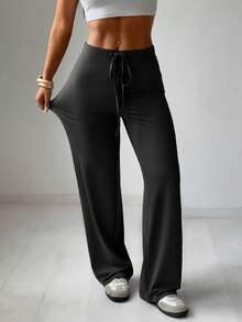 SHEIN EZwear 2pcs Women's Drawstring Waist Casual Versatile Daily Wear Long Pants Everyday Charcoal Gray Summer - Multicolor - View 9