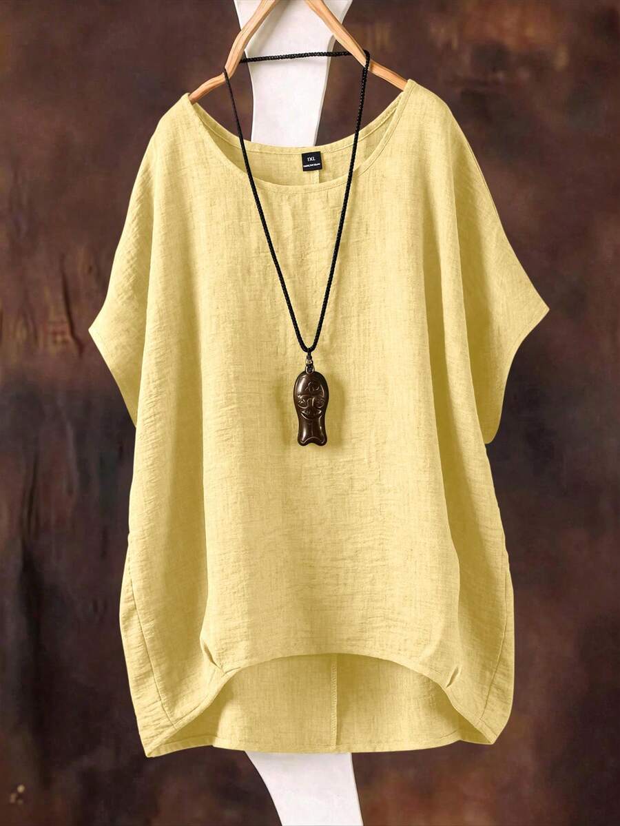 SHEIN Camisa de talla grande con manga de murciélago, unicolor, versátil y casual, nueva para primavera/verano - Amarillo - Ver 1