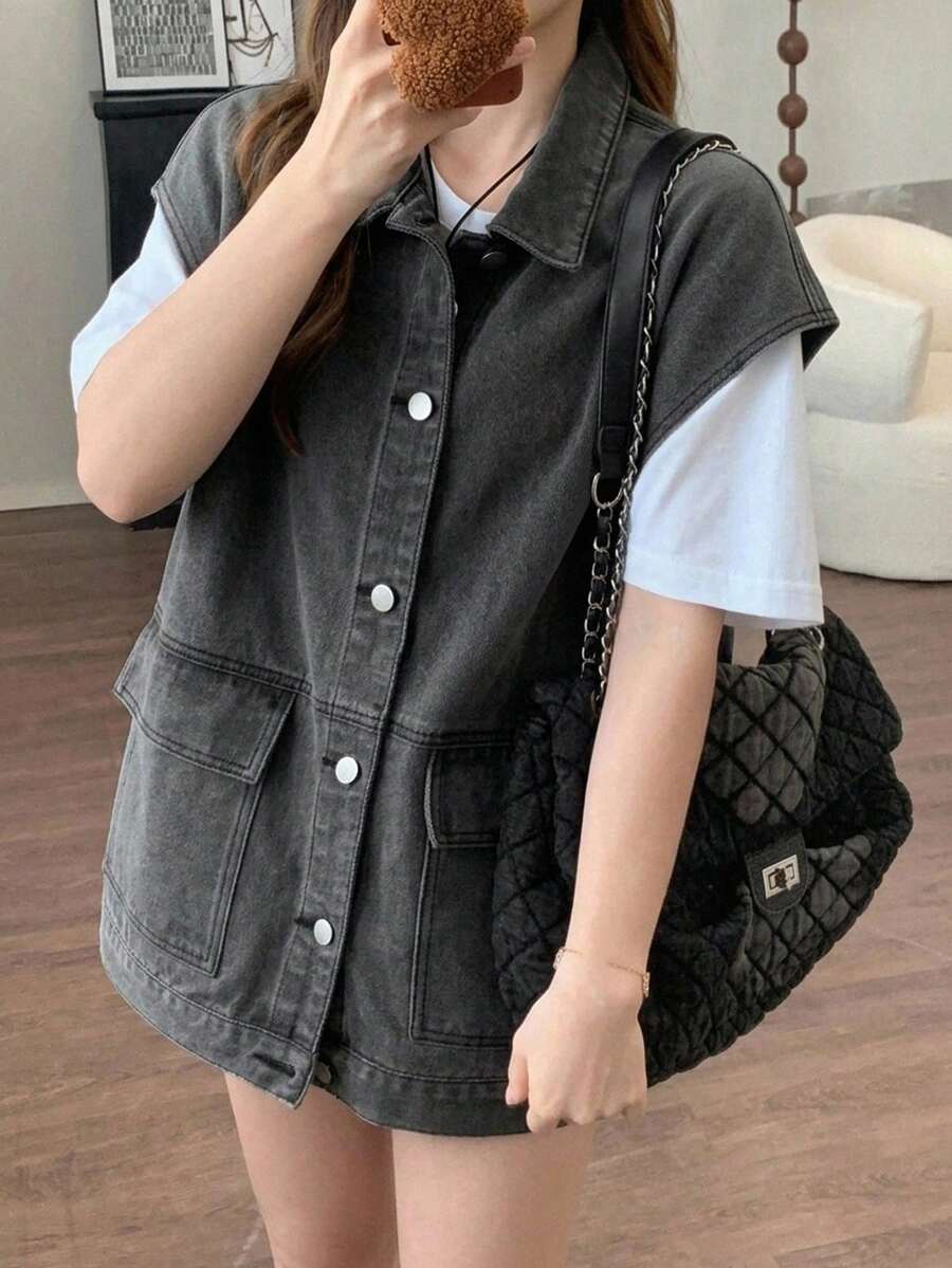 Dazy Plus Washed Distressed Loose Fit Plus Size Women's Spring/Summer Denim Jacket - Grey - View 1