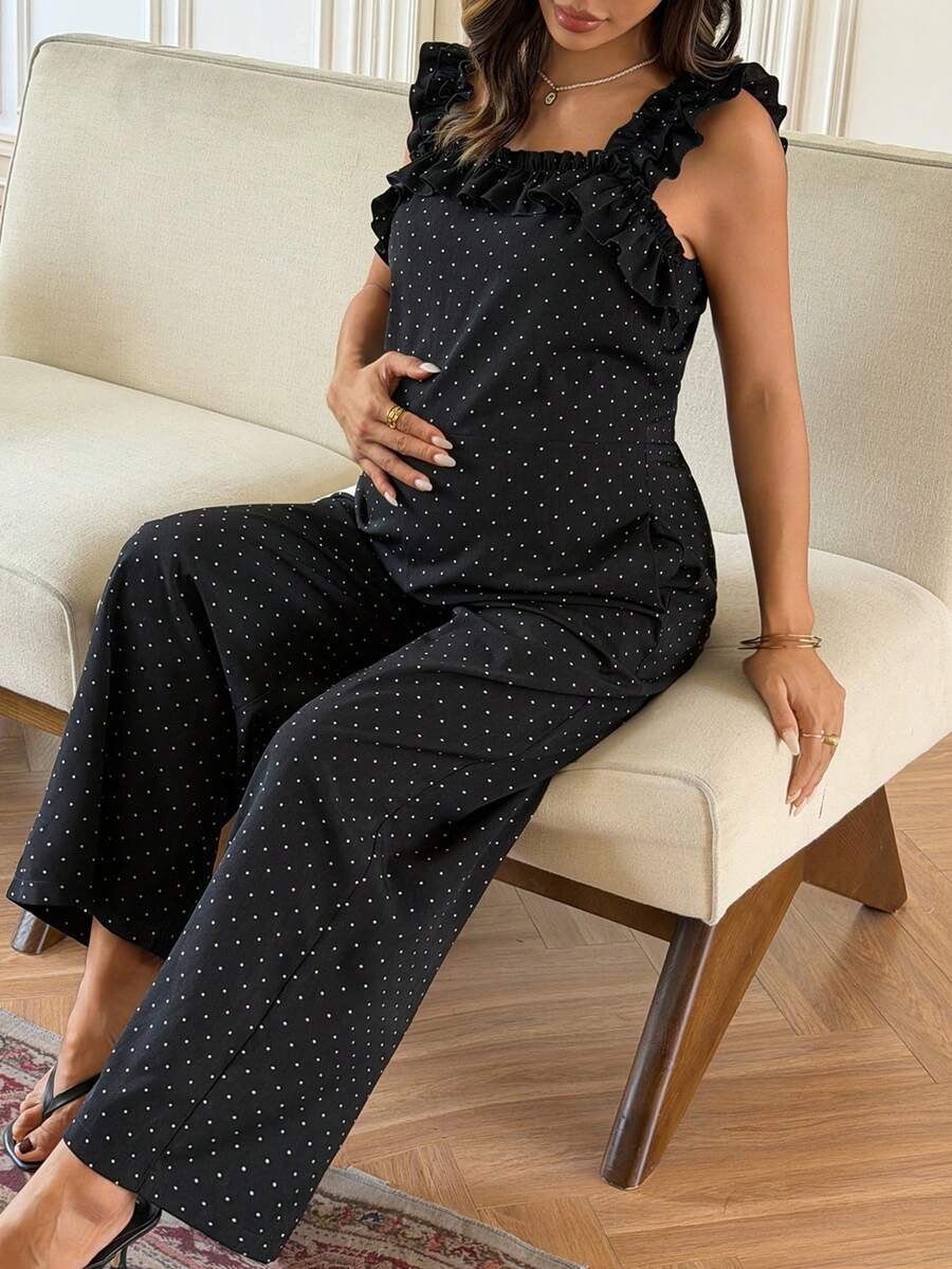 Dazy Maternity 波點優雅修身無袖荷葉邊拼接日常穿著孕婦連身褲 夏季 - 黑色 - 查看 1