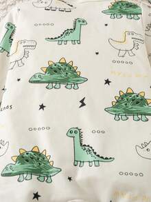 SHEIN 2 piezas/Set Mono de manga larga con estampado de oso de dibujos animados para bebé recién nacido unisex con gorro, azul claro, otoño, lindo a juego familiar, uso diario, fotografía de cumpleaños - Beis - Ver 4