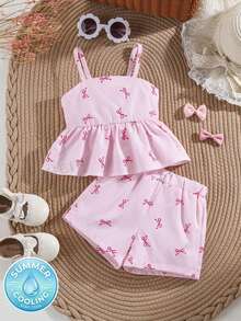 SHEIN Vintaside Kids 女嬰粉色夏季柔軟可愛度假休閒套裝 白色條紋露背掛脖上衣與裙子套裝 編織蝴蝶結荷葉邊裙襬俏皮套裝 - 淺粉色 - 查看 1