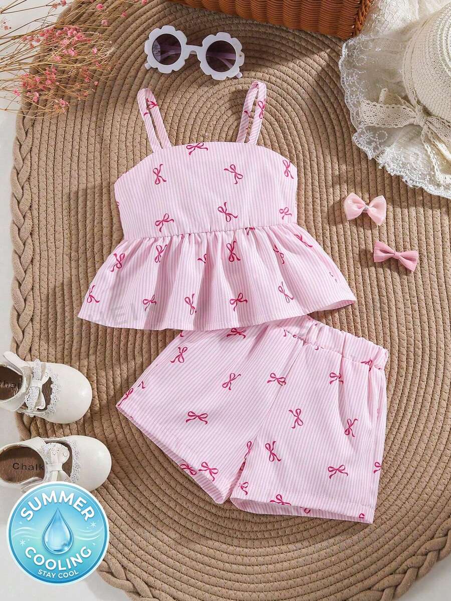 SHEIN Vintaside Kids 女嬰粉色夏季柔軟可愛度假休閒套裝 白色條紋露背掛脖上衣與裙子套裝 編織蝴蝶結荷葉邊裙襬俏皮套裝 - 淺粉色 - 查看 1