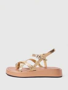 HighSole Sandalias de mujer estilo versátil y sencillo con diseño de múltiples correas, hebilla y espalda cruzada, plataforma abierta, para primavera y verano, uso diario, ir al trabajo y compras - Champán - Ver 3