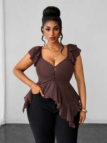 Maweii Plus Size French Fashion Button Ruffle Hem Elegant Blouse - Redwood - View 5