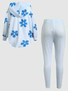 Kleine Mädchen Kinder Lässig Alltag Blau Süß Verspielt Kapuzen T-Shirt T-Shirt Top und Leggings Set - Blau - Übersicht 4