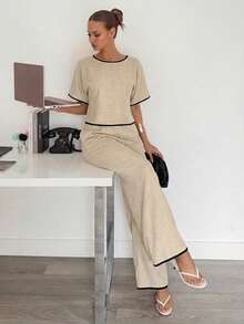 Siren Gaze Women's Elegant Casual Two Pieces Set Contrast Binding Short Sleeve Crop Top Wide Leg Pants Summer Vacation Outfit Old Money Style Black And Beige - Apricot - View 6