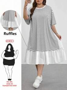 SHEIN CURVE+ 大尺碼女款夏季時尚休閒寬鬆舒適日常百搭黑白條紋拼接荷葉邊短袖中長洋裝，曲線可愛洋裝，極簡風格，歐美大尺碼荷葉邊洋裝，休閒女款旅行洋裝 - 白色 - 查看 7