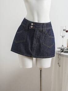 Elamini Festival Size Denim Women's Summer Blue Non-Stretch Striped Mini Skirt - Medium Wash - View 3