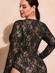 SHEIN SXY 大尺碼女款花卉蕾絲方領長袖性感連身內衣 - 黑色 - 查看 2