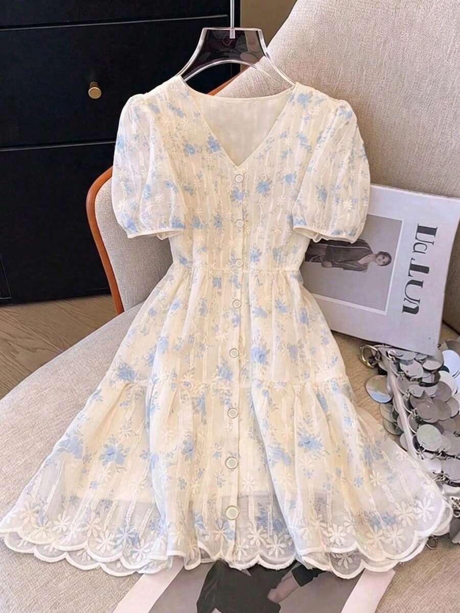 Franclia 女款奶油藍夏季花卉休閒V領泡泡袖刺繡分層中長洋裝,適合度假約會 - 藍色 - 查看 1