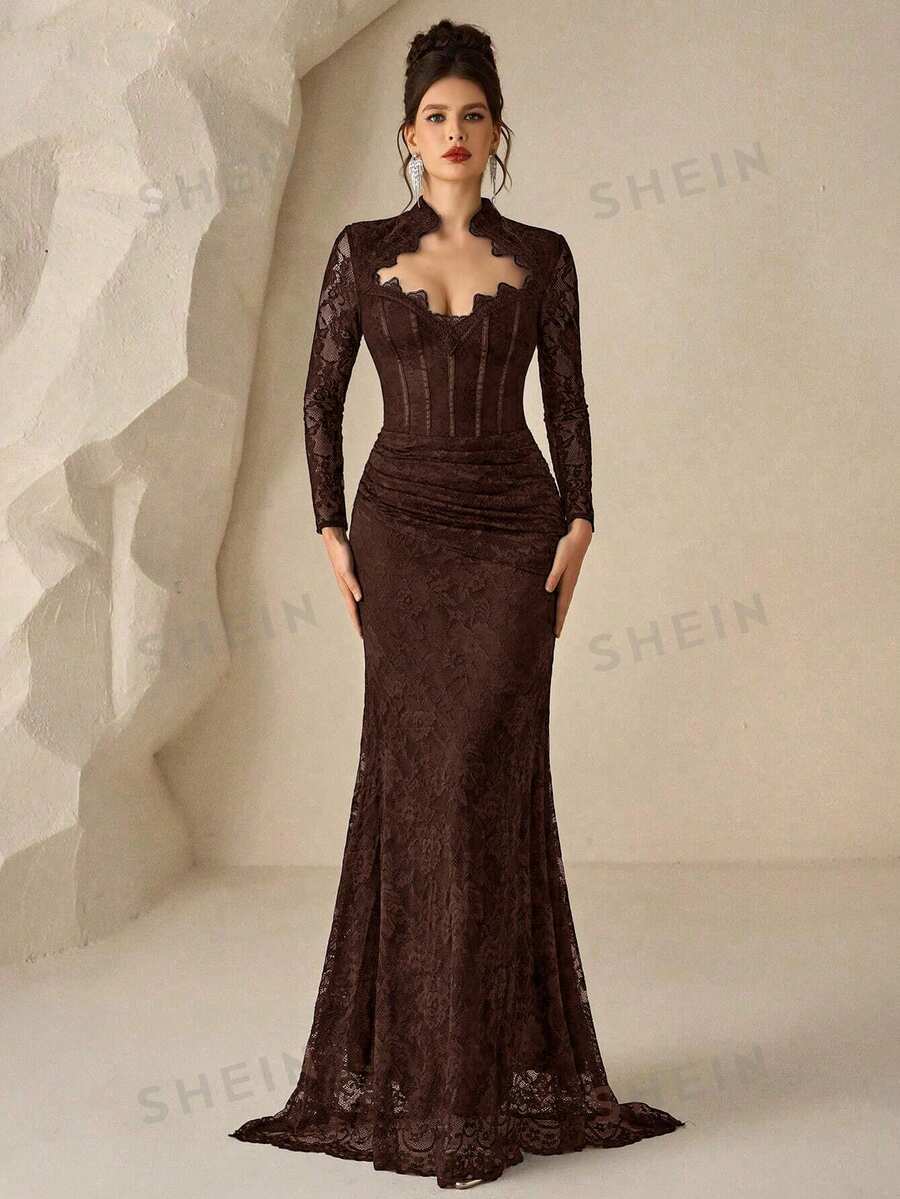 Coutiva 女款蕾絲長款正式晚禮服(精緻設計) - 棕色 - 查看 1