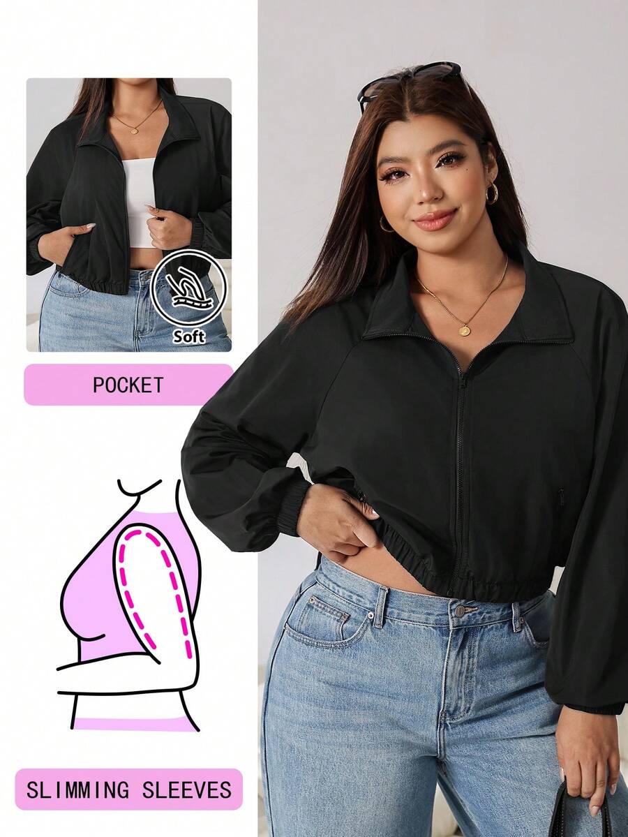 Solflare Autumn New Plus Size Women's Solid Color Raglan Long Sleeve Zip-Up Jacket Go Back To School Hiking Rodeo Cowboy