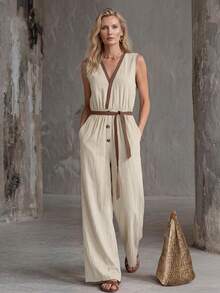 Faunlyn Women's Casual Tropical Minimalist Sleeveless Jumpsuit For Vacation Beige Summer - Khaki - View 9