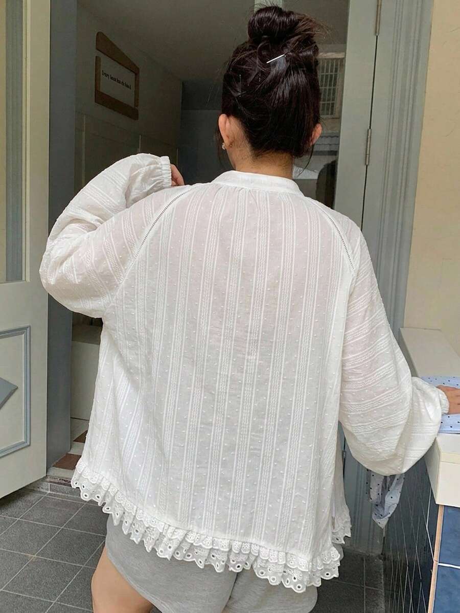 Dazy Plus Hooded Long Sleeve Loose Textured Fabric Lace Patchwork Casual Vacation Style Regular Fit Jacket Plus Size Women Spring Summer - White - View 1