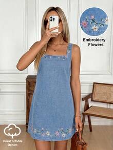 SHEIN LUNE 女款花卉刺繡方領休閒無袖牛仔洋裝 - 藍色 - 查看 3