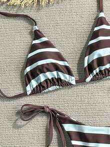 SHEIN Swim 女款夏季海灘度假掛脖綁帶波點條紋性感丁字比基尼泳衣4件套，棕色上衣、藍色上衣，度假穿搭、海灘穿搭、女性度假穿搭、波點上衣、返校季、教師 - 彩色 - 查看 6