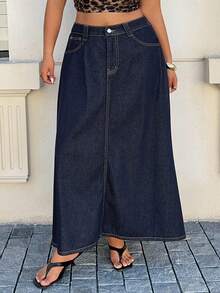 Dazy Plus Rok Denim Vintage Panjang Model A-Line Biru Tua Ukuran Plus untuk Wanita, Musim Semi, Musim Panas, dan Musim Gugur. - Dark Wash - View 7