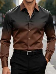 Manfinity Homme Atasan Pria Lengan Panjang Kancing Depan Motif Ombre Minimalis Kasual Formal, Pakaian Sehari-hari, Untuk Musim Gugur, Acara - Coklat - View 3
