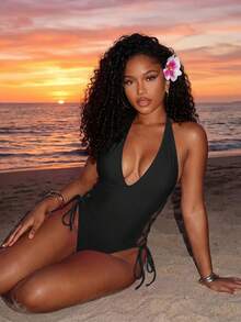 SHEIN Swim 女款性感抽繩繫帶連身泳衣，適合海灘度假 - 黑色 - 查看 3