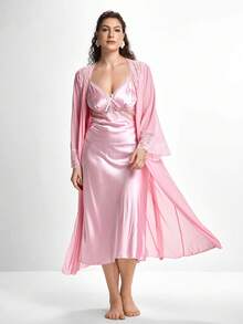 Slumbrini Set de 2 piezas de bata y camisón de pijama con parches de encaje de lujo, talla grande - Rosa - Ver 1