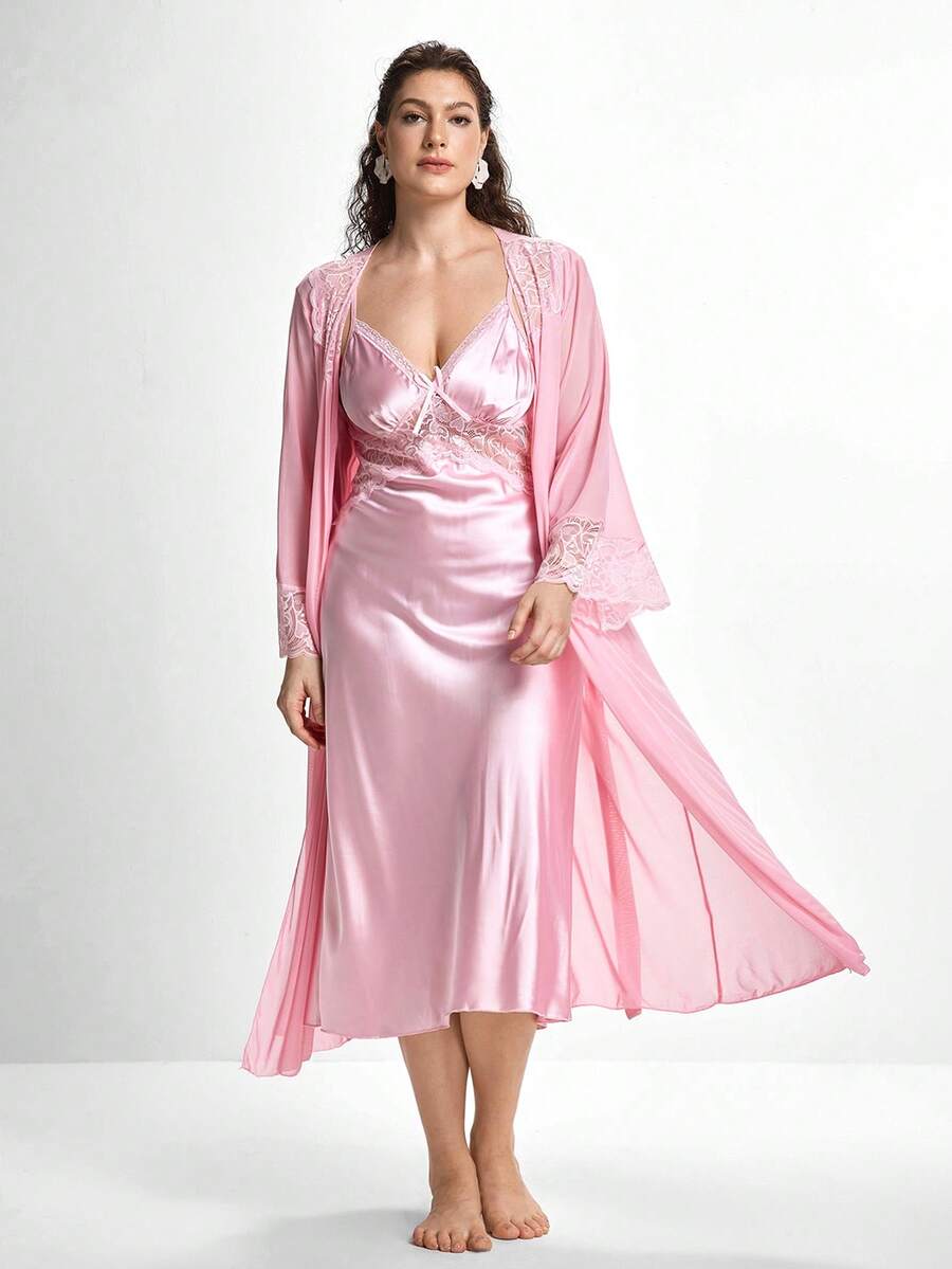Slumbrini Set de 2 piezas de bata y camisón de pijama con parches de encaje de lujo, talla grande - Rosa - Ver 1