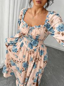 Elenzga Plus Size Women's Elegant French Lady Fashion Unique Ruffle Trim Puff Long Sleeve Cinched Waist Slim Fit Dress, Suitable For Daily Wear, Outings, Commuting - Pink - View 2