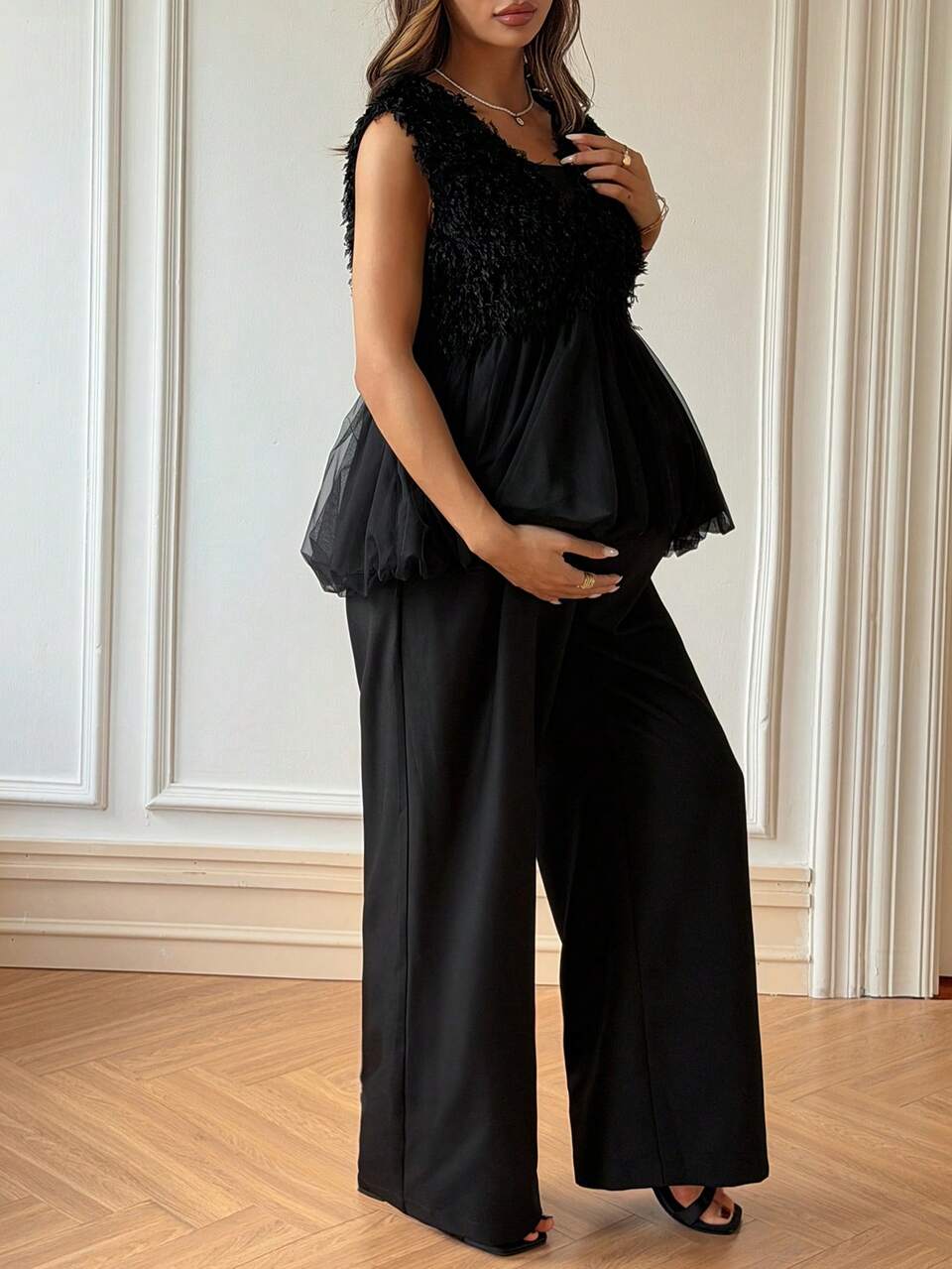 Solid Color Fuzzy Textured Fabric Contrast Mesh Pleated Loose Casual Versatile Sleeveless Spring Summer Maternity 2-Piece Set