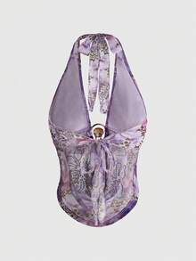 ROMWE Tank Top Wanita Gaya Vintage Liburan Pulau Seksi Y2K Millennium Hot Girl Style dengan Leher Berlipat dan Hiasan Berlian Imitasi Merah Muda serta Trim Berumbai - Purple - View 2