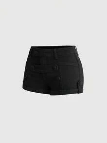 ROMWE Halloween Y2K Gothic Castle Medieval Napoleon Style Sexy Ultra Low Waist Women's Denim Shorts - Black - View 2