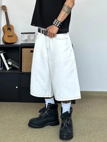 STEELVANCE 男士街頭風復古時尚百搭刺繡寬腿休閒牛仔短褲（不含腰帶與配件） - 白色 - 查看 5