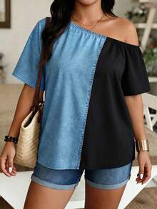 Weeklong Apricot Base Blue Print Asymmetric Shoulder Short Sleeve Spring Summer Vacation Plus Size Blouse - Multicolor - View 7