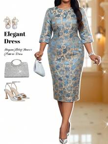 Fleurora Plus Size Women Elegant Elegant Metallic Luster Jacquard Dress Evening - Blue - View 2