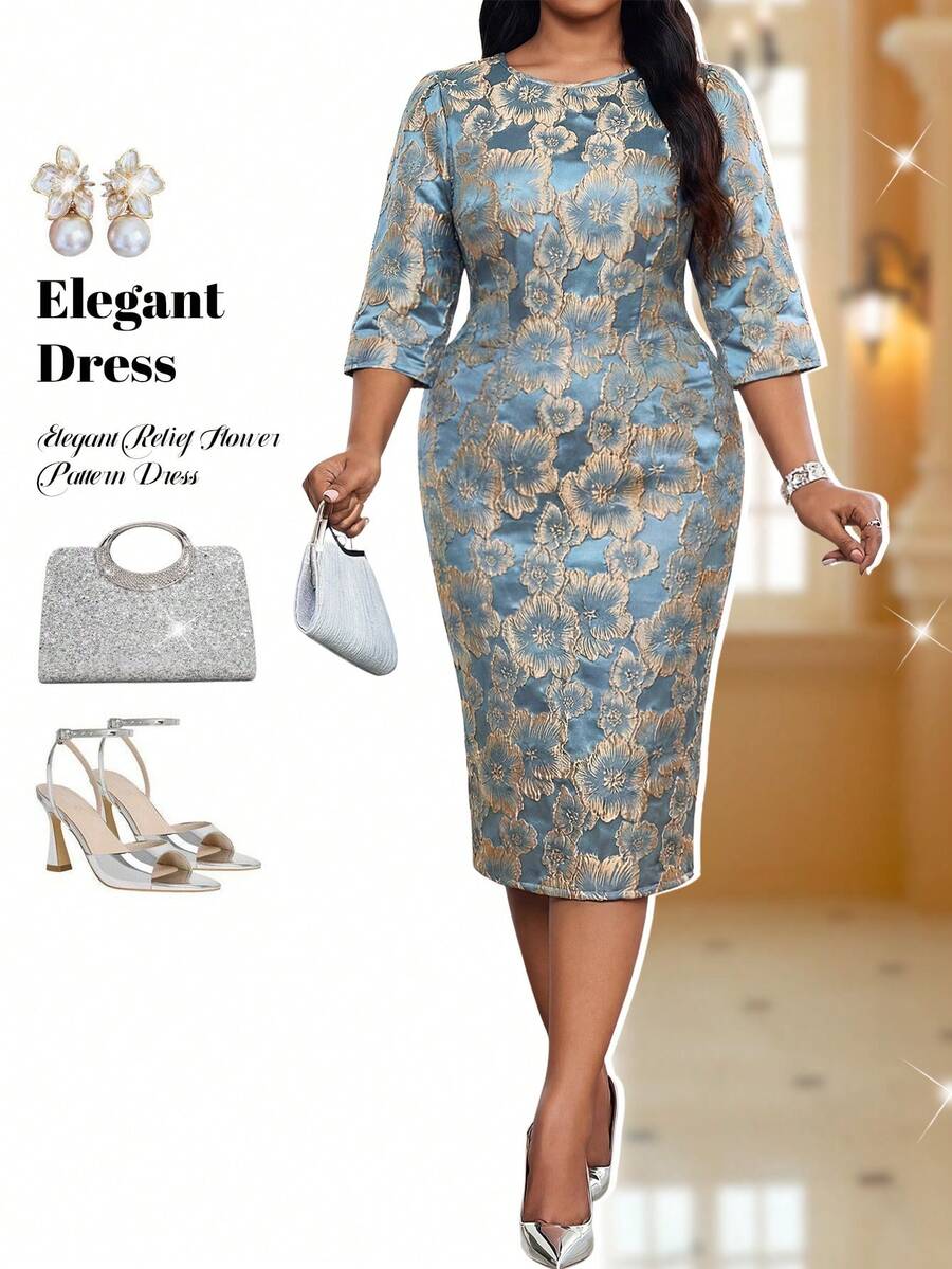 Fleurora Plus Size Women Elegant Elegant Metallic Luster Jacquard Dress Evening