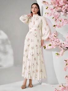 Modelyn 女款婚禮茶會收腰百褶洋裝，洗禮與入籍儀式適用，新娘母親穿著，粉色花卉秋季休閒優雅風 - 白色 - 查看 6
