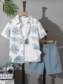 SHEIN 青少年男孩休閒時尚寬領襯衫，印花短袖襯衫2件套運動服，襯衫套裝，基礎上衣，適合春/夏，外出、情人節、約會、旅行、家庭聚會、返校、婚禮季、晚間活動、運動 - 藍色 - 查看 2