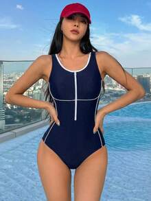 Livesso 女款拼色長袖連身運動泳衣 夏季海灘穿搭 - 藏蓝色 - 查看 5