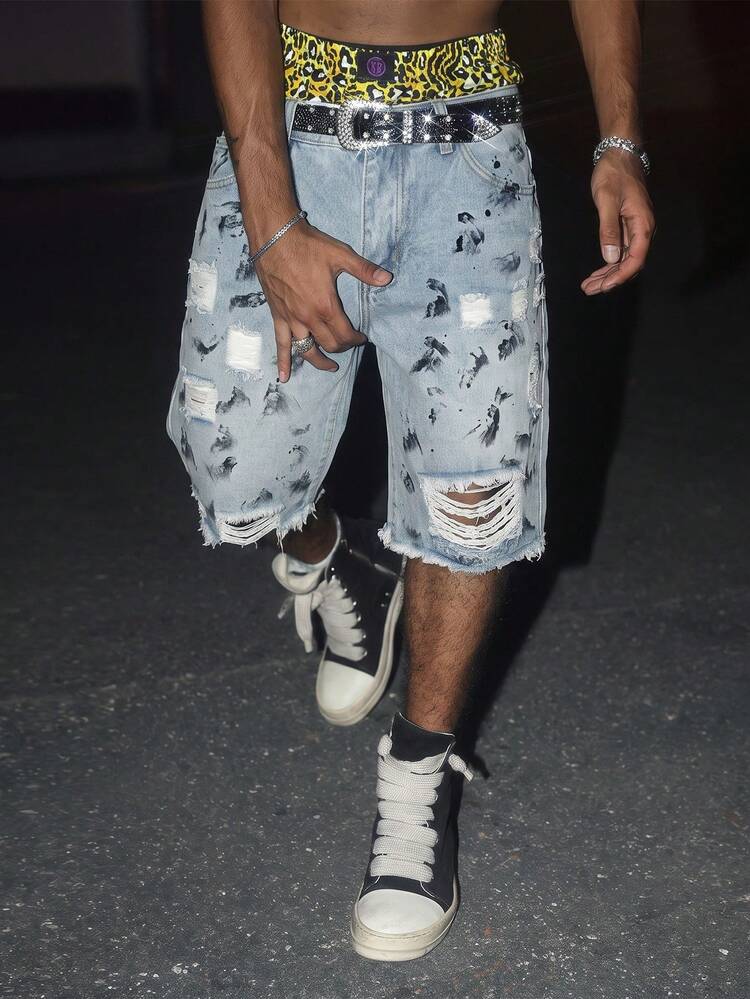 STEELVANCE Men's Summer Casual Grunge Streetwear Washed Distressed Denim Shorts Club Evening Going Out Holiday Night Light Blue - Light Wash - View 1