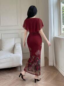 Feyla 女款花卉印花扭轉設計對比網紗修身優雅浪漫休閒長洋裝 正式約會派對酒紅色夏季婚禮 - 紅色 - 查看 7