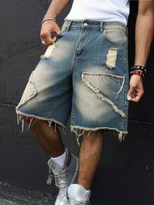 Manfinity EMRG Shorts de mezclilla estilo callejero americano con patchwork, deshilachados y desgastados - Azul - Ver 6