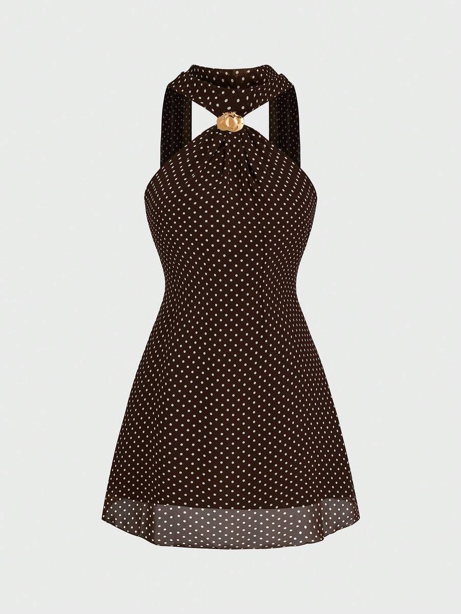 Sweetra Plus Size French Polka Dot Print Metal Decor Halter Neck Tie Dress - Multicolor - View 1